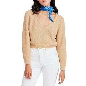 Free People Women's High Low V-Neck Cropped Sweater Camel Size Medium NWT